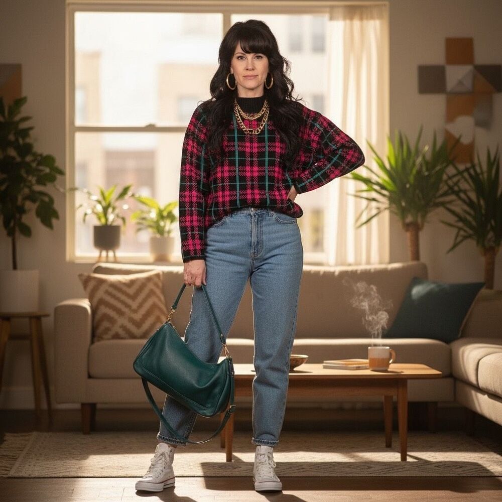 Vintage 1980s Croquet Club Plaid Mock Neck Tunic Sweater – M